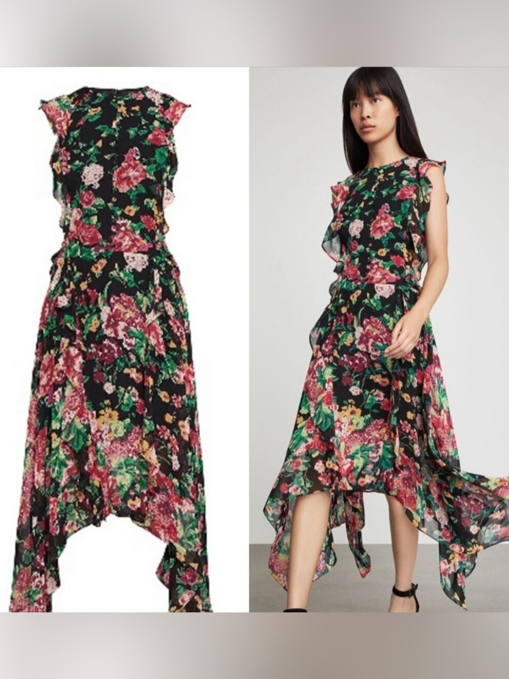 BCBGMAXAZRIA Floral Ruffled Asymmetrical Midi Cocktail Dress Size 2